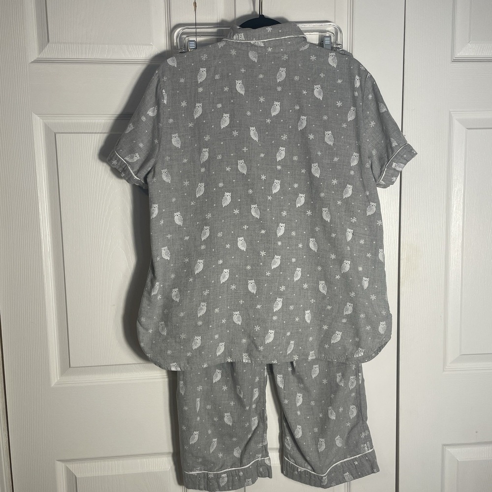 LOFT Sleep Cotton Blend Pajama Set Women L Gray Owls Short Sleeve Top Long Pants - Picture 2 of 11